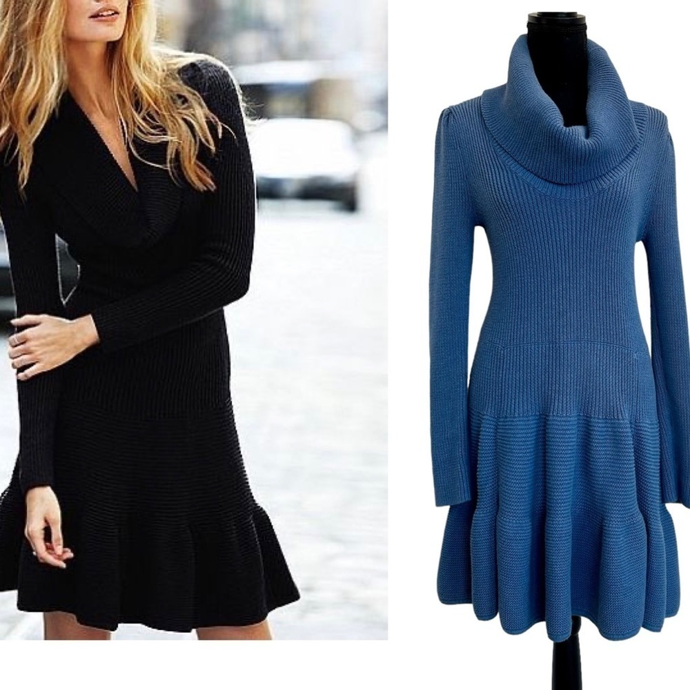 VICTORIA'S secret Moda International blue ribbed cowl neck knit skater dress L